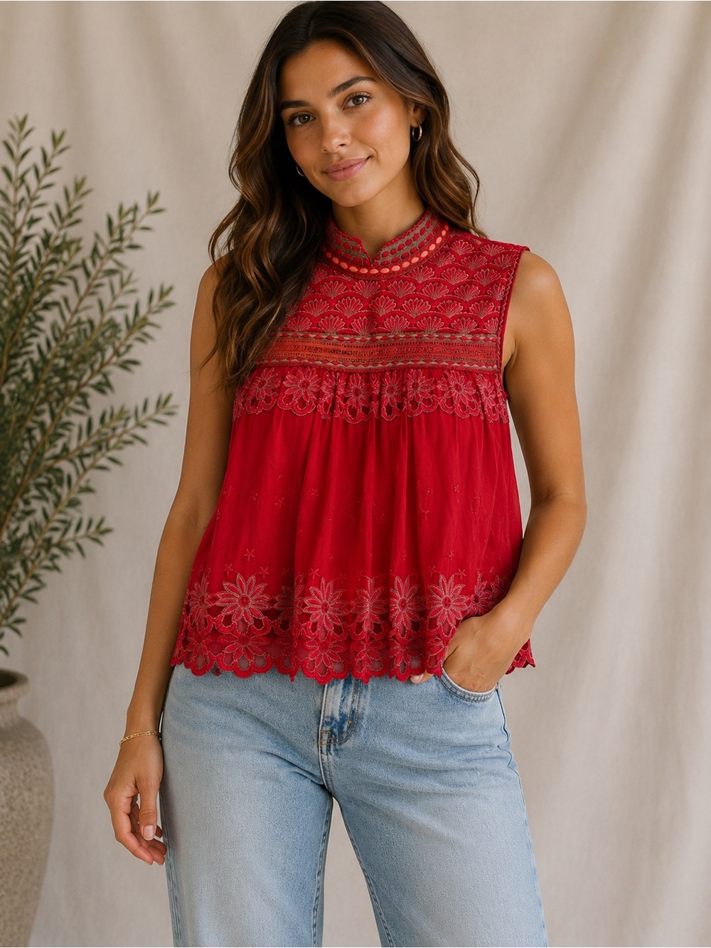 BL-NK London‎ Red Embroidered Sheer Lace Overlay Top Size Small